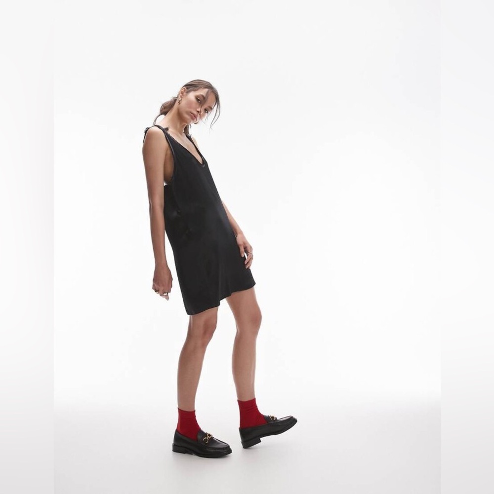 Topshop low v mini dress with raw edge in black NWT